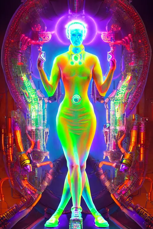 Image similar to max chroma goddess character concept fantasy hyperrealistic detailed movie cinematic scene in full color scientist gear steampunk colorscientist of color max chroma deity by max chroma, greg rutkowsky, android jones, alex grey, scifi electrical wires photograph of a computer chip