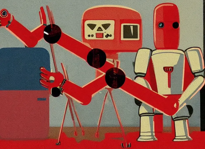 Prompt: dystopian art, a pizza slice robot dictator delivering a propaganda speech to human robots
