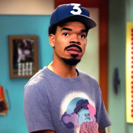 Image similar to a tv still of Chance The Rapper starring as a college student in a 1998 sitcom, 40mm lens