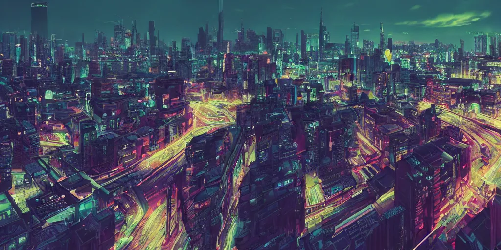 Prompt: A city landscape at night, neon ligths, hyperrealistic, V-Ray 8k UHD, trending on artstation, Futurism, Art Nouveau, blue sky