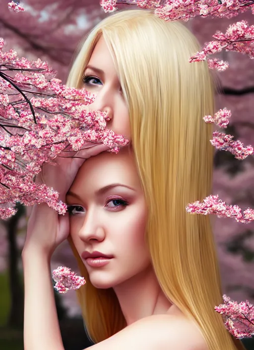 Image similar to photo of a gorgeous blonde female in the style of stefan kostic, realistic, half body shot, sharp focus, 8 k high definition, insanely detailed, intricate, elegant, art by stanley lau and artgerm, extreme blur cherry blossoms background