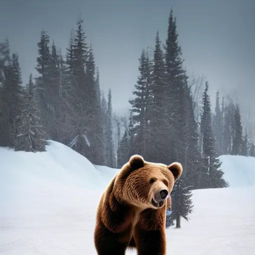 Prompt: a photo of bob ross riding on the back of brown bear at alaska at winter season, outdoor lighting, realistic, photo, national geographic photo, volumetric, fog