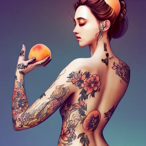 Image similar to Beautiful clothed woman holding a peach, seen from the back, intricate tatoos, digital art by WLOP and Artgerm