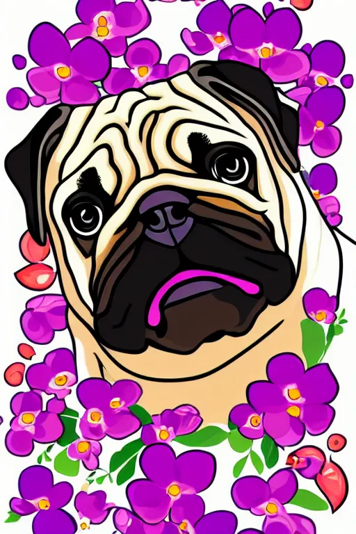 Prompt: portrait of a flower rambo pug, art by milka oxana, sticker, colorful, illustration, highly detailed, simple, smooth and clean vector curves, no jagged lines, vector art, smooth