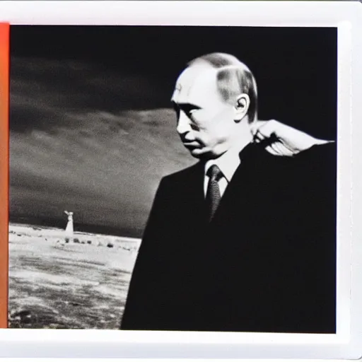 Image similar to Vladimir putin looking at an atomic bomb explosion. polaroid. bleak.