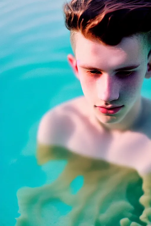 Image similar to high quality pastel coloured film mid angle docu photograph of a beautiful young 2 0 year old male, soft features, short black hair, swimming in an icelandic black rock pool environment. atmospheric. three point light. photographic. art directed. ( pastel colours ). volumetric light. clearcoat. waves glitch. 8 k. filmic.