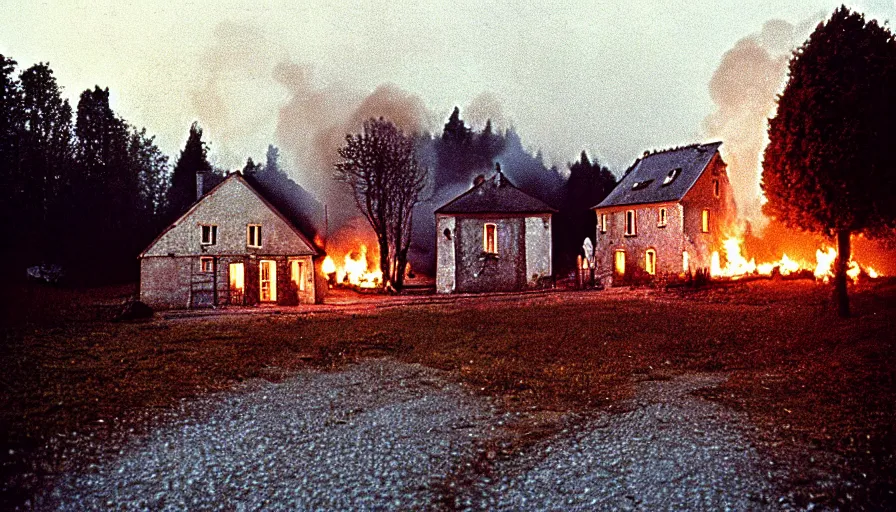 Image similar to 1 9 7 0 s movie still by andrei tarkovsky of a heavy burning french style little house in a small northern french village by night in autumn, cinestill 8 0 0 t 3 5 mm, heavy grain, high quality, high detail, dramatic light, anamorphic, flares