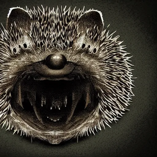 Image similar to hedgehog face in creepy scary nightmare atmosphere, realsitic