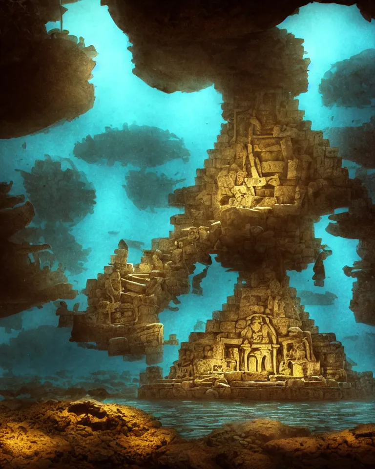 Image similar to full color, wide shot, submerged pre - incan temple, dark, underwater, symmetrical, bubbles, abyss, grenada underwater sculpture park, anime style mixed with fujifilm, detailed gouache paintings, stylized, dark, murky, foggy, atmospheric, artstation, cgsociety, octane render, cgi, unreal engine 5, denoise, cinematic masterpiece