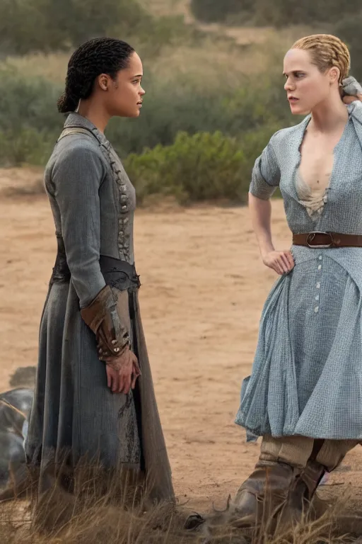 Prompt: Tessa Thompson and Evan Rachel Wood star in Disney's Westworld, Pixar movie screenshot