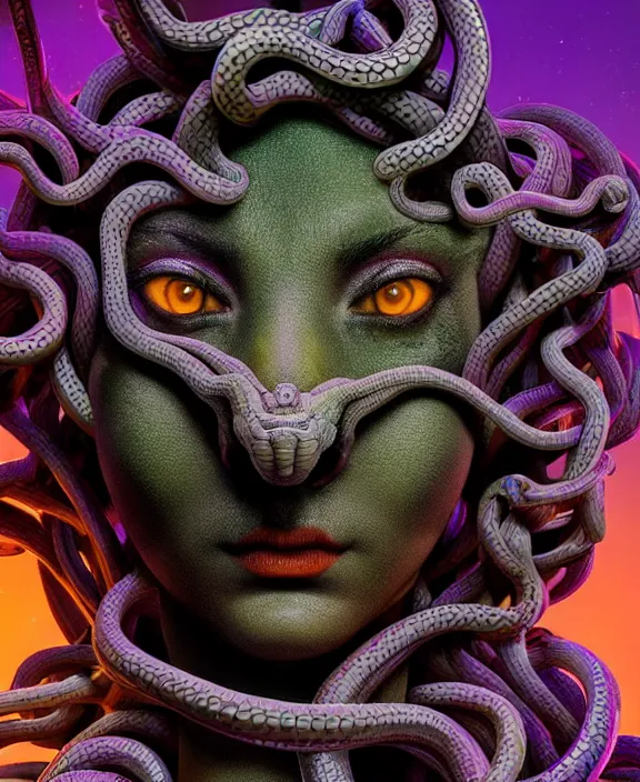 Image similar to beautiful medusa head highly detailed snakes, cosmic horror, abstract, ghostly, arcade, duotone, poltergeist, epic lighting, intricate, elegant, highly detailed, smooth, sharp focus, photo real, ultra realistic, unreal engine 5, raytracing, in the style of beeple and mike winkelmann, ultraviolet colors