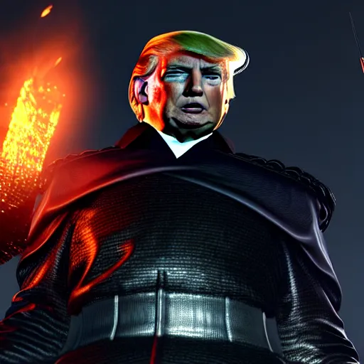 Image similar to donald trump in dark souls, ps 5 screenshot, isometric view, 3 d render, cryengine, highly detailed