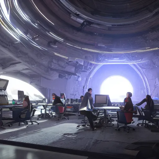 Image similar to photorealistic still hundreds of people sitting in front desks with computers in a giant dome cave cyberpunk cables and lights everywhere unreal engine volumetric lightning 8 k