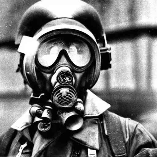 Prompt: A ww2 pilot wearing a gasmask and goggles, 1990's photo, realistic