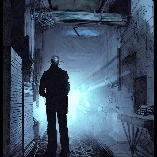 Prompt: a mad scientist in his secret laboratory with neon glow in the dark light drawn by comic book artist lee bermejo comics, volumetric fog, scary and eerie, ominous environment, backlit, edge lighting,