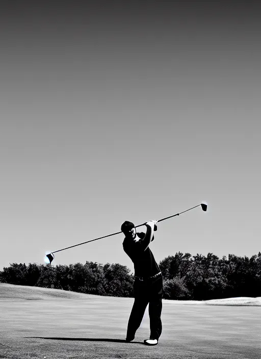 Prompt: golfing black and white portrait white sky in background