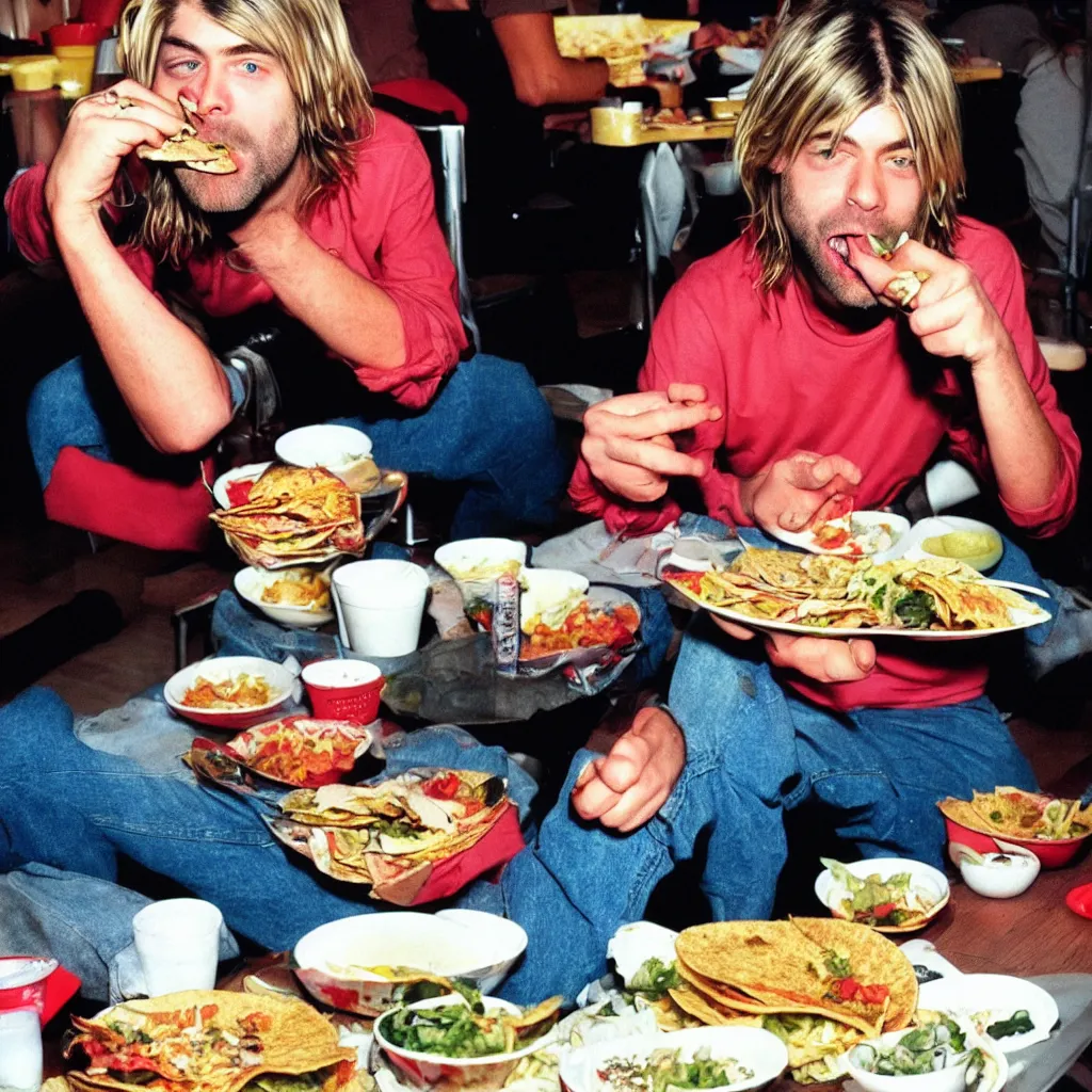 Prompt: kurt cobain eating tacos 9 0 s color photography style