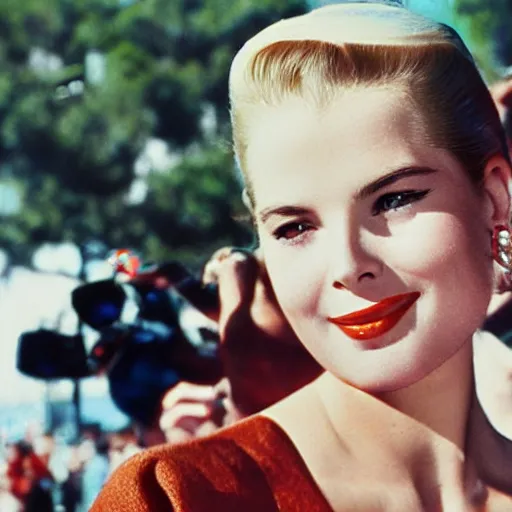 Image similar to selfie smartphone photo of a young Grace Kelly at the Monaco Gran Prix, F1 cars blurred in background, iphone photo, smartphone resolution, low resolution camera