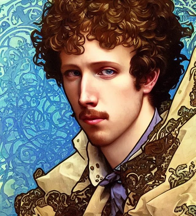 Image similar to detailed closeup portrait of napoleon dynamite by alphonse mucha, ayami kojima, yoshitaka amano