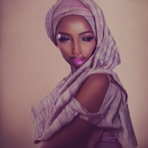 Image similar to studio photography, portrait image, somali woman, beautiful, vintage, dreamy, happy, pastel