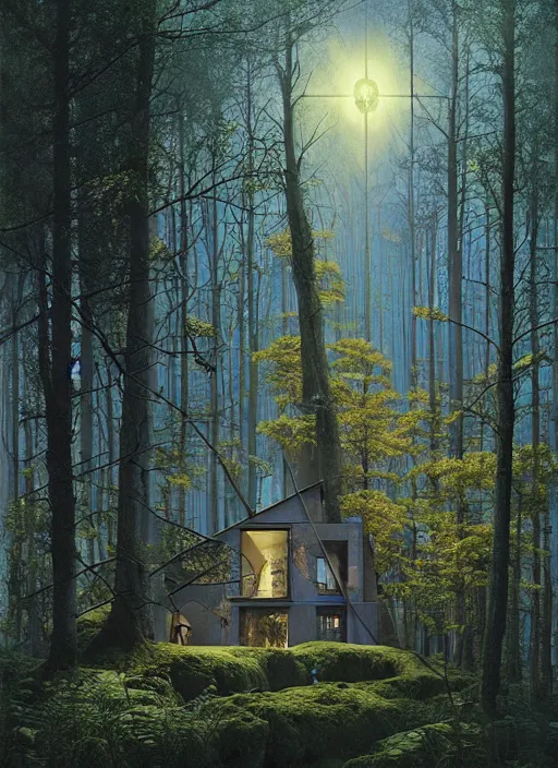 Image similar to hyper realistic witchy modern house with mood lighting and tech in the woods gorgeous lighting, sunbeams blue sky, highly detailed, lush forest foliage painting by zdzisław beksinski and norman rockwell and greg rutkowski weta studio, and lucasfilm