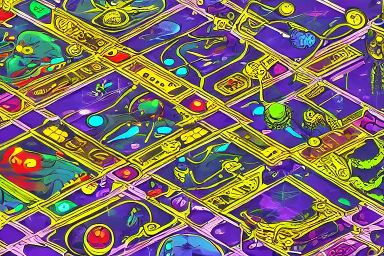 Prompt: isometric view, game board, cosmic horror game, in the style of Jack Kirby,