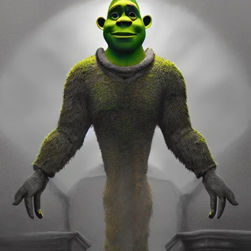 Image similar to photorealistic shrek in the style of michael whelan and gustave dore. hyperdetailed photorealism, 1 0 8 megapixels, fully clothed, lunar themed attire, amazing depth, glowing rich colors, powerful imagery, psychedelic overtones, 3 d finalrender, 3 d shading, cinematic lighting, artstation concept art