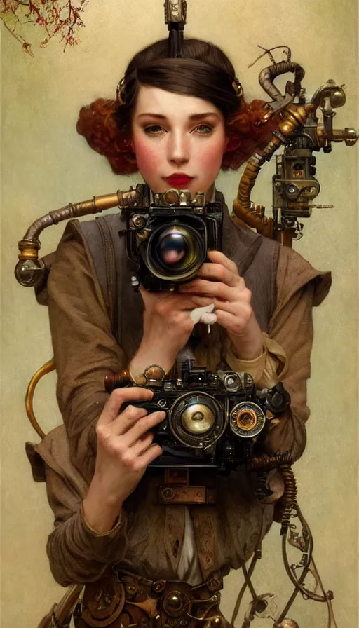 Image similar to hyper realistic photographer looking through camera, magical, steampunk, painted by norman rockwell, tom bagshaw, mucha, gaston bussiere, craig mullins, j. c. leyendecker 8 k