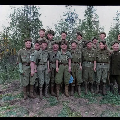 Prompt: the first meeting of the expeditionary detachment of Emelyan Khabarov with the gnomes of the Sikhote-Alin Range, the colors of the photograph have been restored