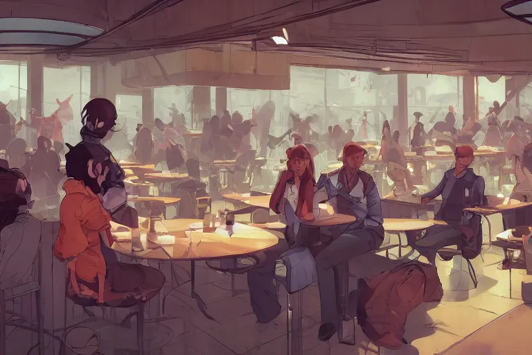 Prompt: a worried person in a crowded busy dystopian cafeteria interior behance hd artstation by jesper ejsing, by rhads, makoto shinkai and lois van baarle, ilya kuvshinov, ossdraws, that looks like it is from borderlands and by feng zhu and loish and laurie greasley, victo ngai, andreas rocha