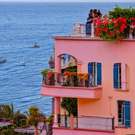 Prompt: a french building. sunset lighting. sea in the background. balconies with flowers. a terrace on the roof with a man and a woman dining.