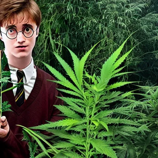 Image similar to harry potter holding a long joint, surrounded by weed plants, jungle of weed plants, red fire eyes, realistic