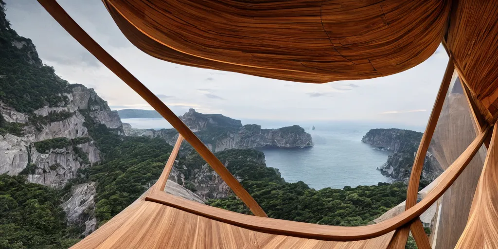 Image similar to wooden weaved cabin on a cliff designed by zaha hadid, cinematic lighting, deep focus, sharp focus, golden ratio, dramatic illumination, hdr, ultra realistic, 8 k, highly detailed, trending on artstation, epic composition, by caravaggio, by artemisia lomi gentileschi