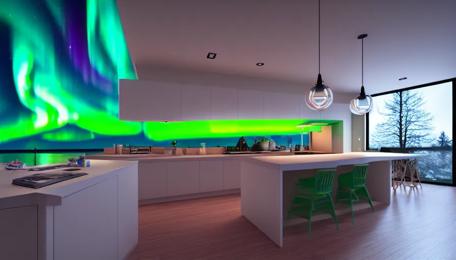 Image similar to a photo of aurora borealis localized entirely within my kitchen, the house is on fire, color photography, high quality, volumetric light, beautiful, 4 k