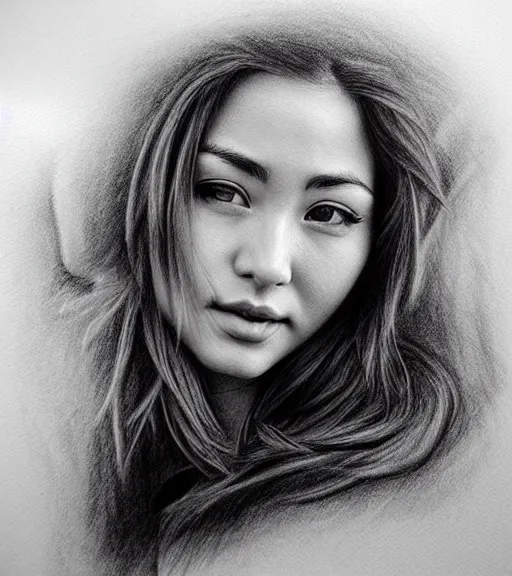 Image similar to amazing blend effect of beautiful mountain scenery with a beautiful woman face, charcoal drawing, hyper - realistic, in the style of matteo pasqualin, amazing detail, black and white