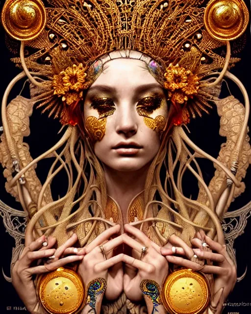 Image similar to hyperrealistic detailed portrait of a beautiful goddess in an intricate golden ornamental ritual headdress, intricate cyberpunk make - up, golden face tattoos, insane details, art by ernst haeckel, nekro borja, android jones, alphonso mucha, john william godward, gothic - cyberpunk, beautiful deep colours,