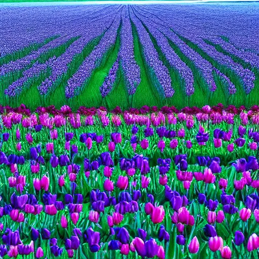 Image similar to A 4k photo of a field of tulips, blue skies, high contrast, early morning