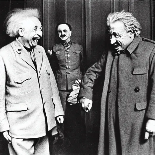 Image similar to Einstein laughing at Stalin, historical photo, high grain, black and white, highly detailed