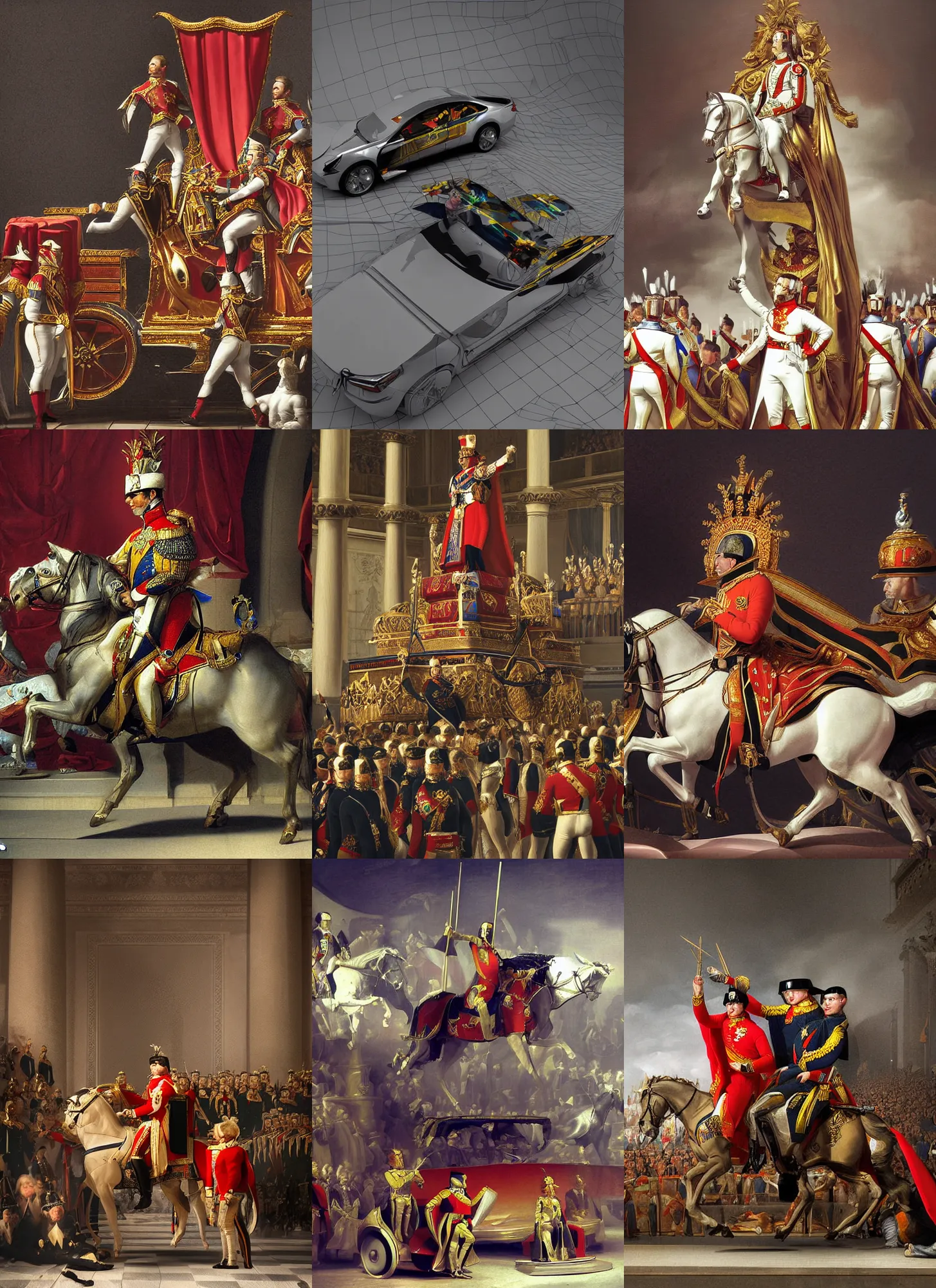 Image similar to the coronation of napoleon painting and sci - fi organic sport car model 3 d realistic render