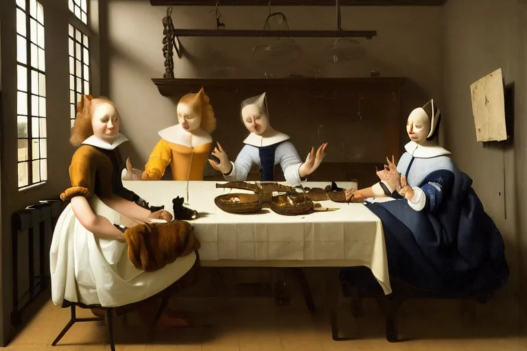 Image similar to bunch of catgirls, dlsr photography, 8 k, hyperrealism, professional studio shot, cinematic, anatomically correct, single source of light 4 5 degrees, vanitas, memento more artstyles, by pieter claesz, willem heda, jan vermeer, stunning details, ideal composition, divine proportion, intricate, fine arts journal cover