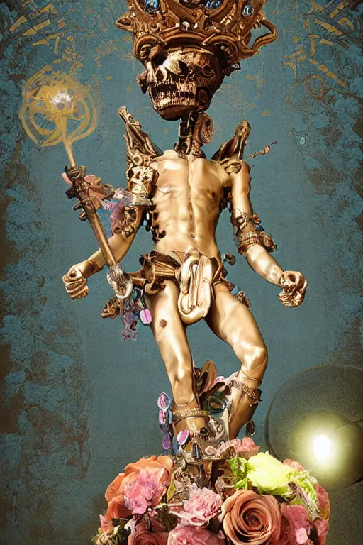 Prompt: a young handsome Spanish metal android with a large glowing sakura-color lit crystal in the center of his chest, full-body bronze cyberpunk style statue of Icarus with glowing blue eyes, crown of mechanical peach roses, flowing teal-colored silk, fabric, steampunk flowers. baroque elements, human skull. full-length view. baroque element. intricate artwork by caravaggio. many flying horses on background. Trending on artstation, octane render, cinematic lighting from the right, hyper realism, octane render, 8k, depth of field, 3D