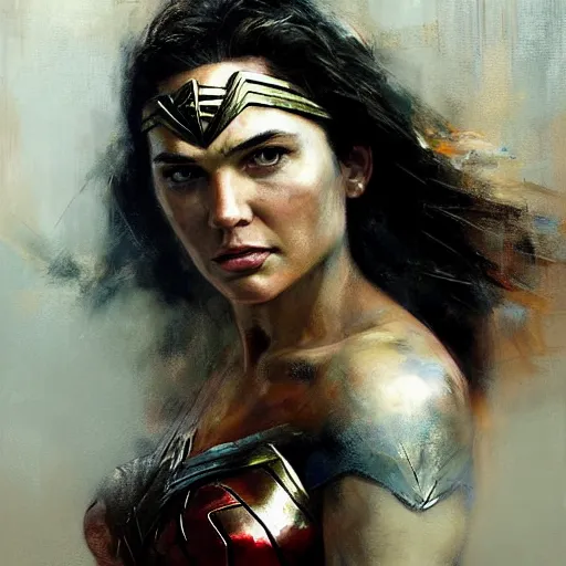 Image similar to face protrait of wonder woman, realistic, ultrahd, jeremy mann painting