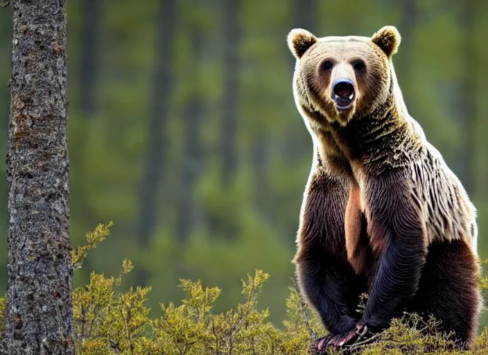 Image similar to an award winning photo of a grizzly bear with an owl's head and beak, enviromental portrait, forest, 4 k, wildlife photography, high quality, national geographic