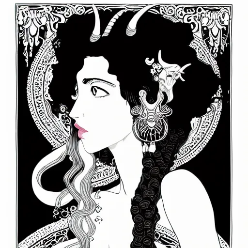 Image similar to filigree detailed illustration of a profile of gypsy girl with long curly hair and big goat horns on her head, aubrey beardsley, tomer hanuka, makoto shinkai