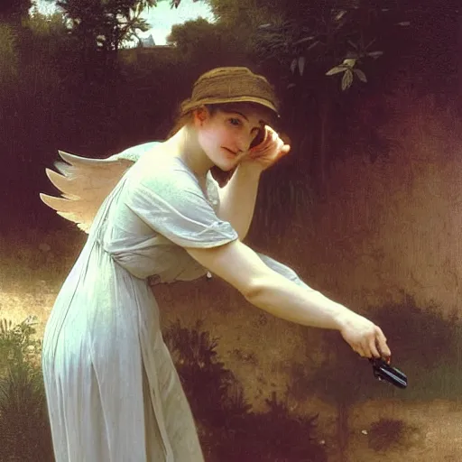 Image similar to an oil painting of an angel driving a car in a drive through, talking to the speaker machine, exterior view, by Bouguereau, highly realistic and intricate