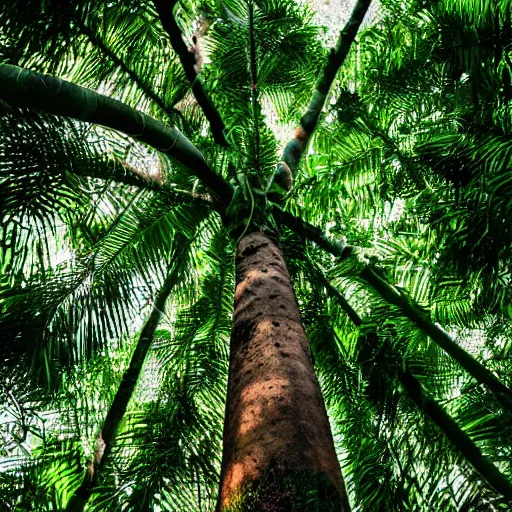 Prompt: Tree in lush forest with coconuts