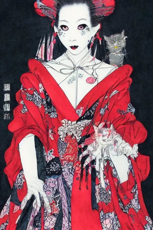 Image similar to watercolor painting of an avant - garde japanese cat geisha vampire queen in a victorian lolita fashion red dress in the style of lovecraftian horror painted by yoshitaka amano, takato yamamoto, ayami kojima, dmt art, symmetrical vogue face portrait, intricate detail, artstation, cgsociety, artgerm, rococo