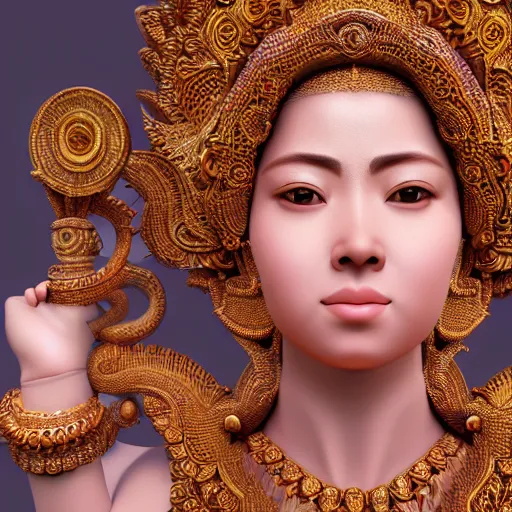 Image similar to hyper realistic portrait photo of indonesian saraswati goddess, portrait shot, intricate detail, octane render