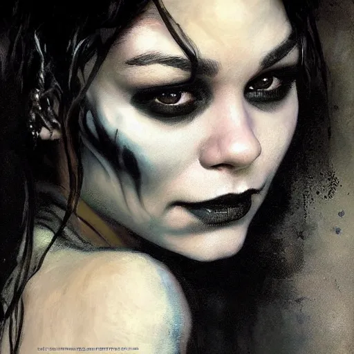 Image similar to beautiful portrait of vanessa hudgens as death from sandman, smiling, by cedric peyravernay, alphonse mucha, by jeremy mann, by lecouffe deharme, goth chic, soft lightning, eyeliner, punk rock, high detailed, 8 k