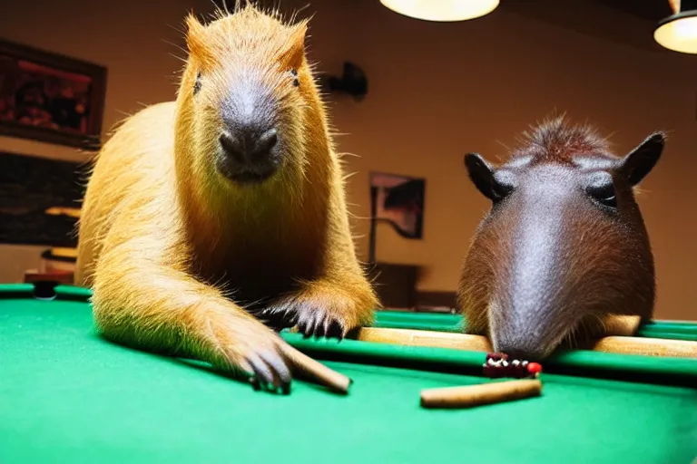 Image similar to capybaras sitting at pool table contemplating life and smoking cigars